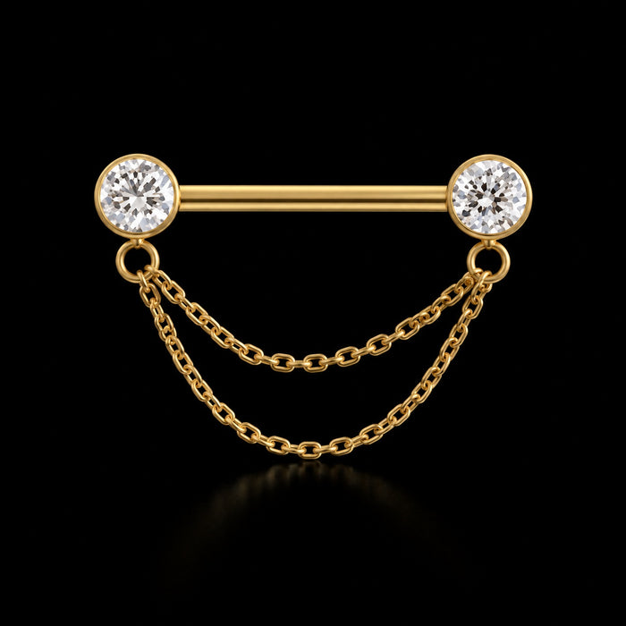 Zirkonia Tepelbarbell met Ketting – Goud – 14G · 1,6 × 14 mm