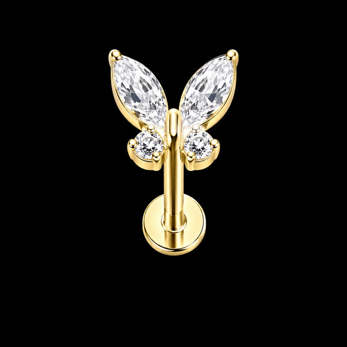 Vlinder Zirkonia Labret – Witte zirkonia · 16G · 1,2 × 8 mm – Goud