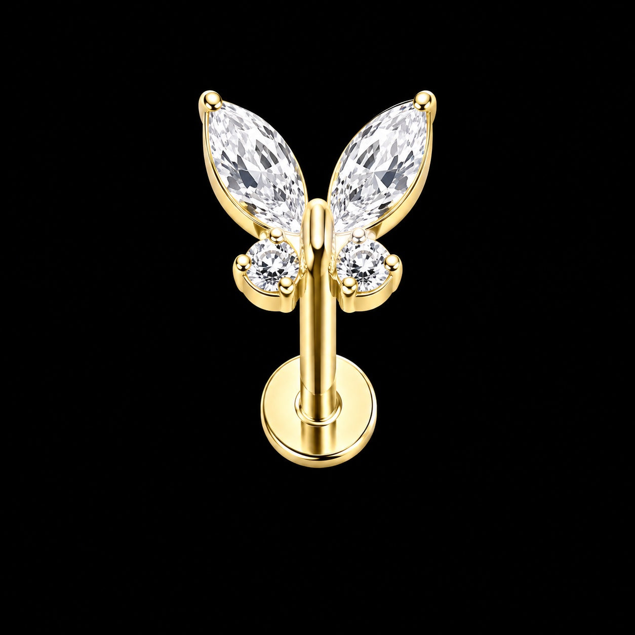 Vlinder Zirkonia Labret – Witte zirkonia · 16G · 1,2 × 8 mm – Goud
