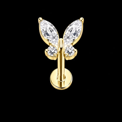 Vlinder Zirkonia Labret – Witte zirkonia · 16G · 1,2 × 8 mm – Goud